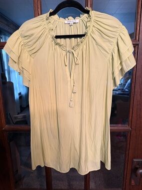 Rose + Olive Lime Green Tiered Flutter Sleeve Tassel Boho Blouse Plus 2X